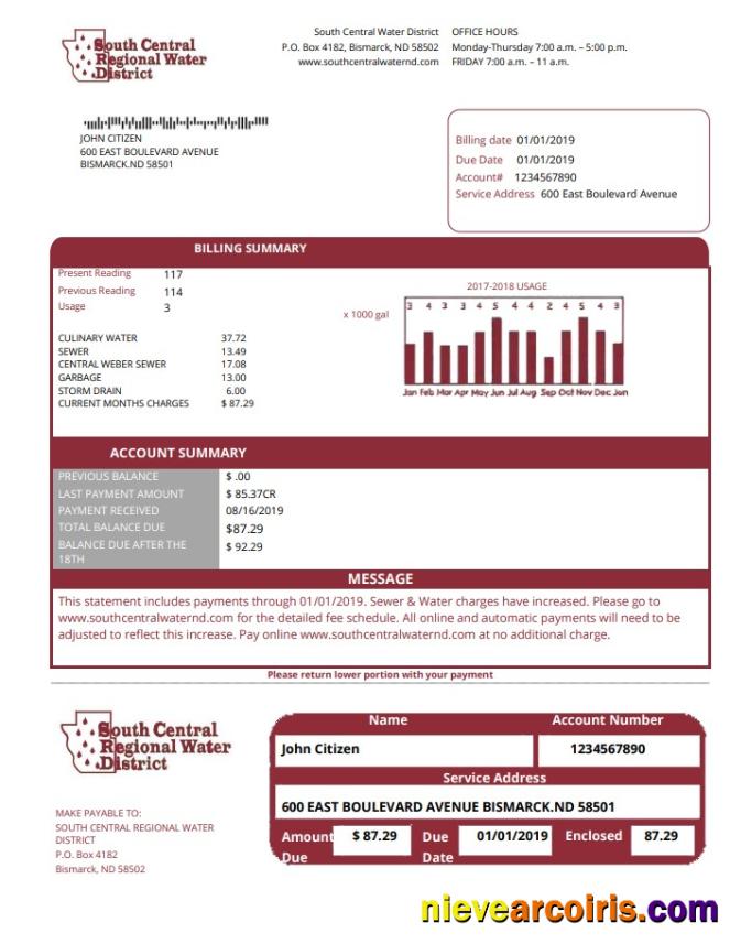 USA North Dakota South Central Regional Water District utility bill